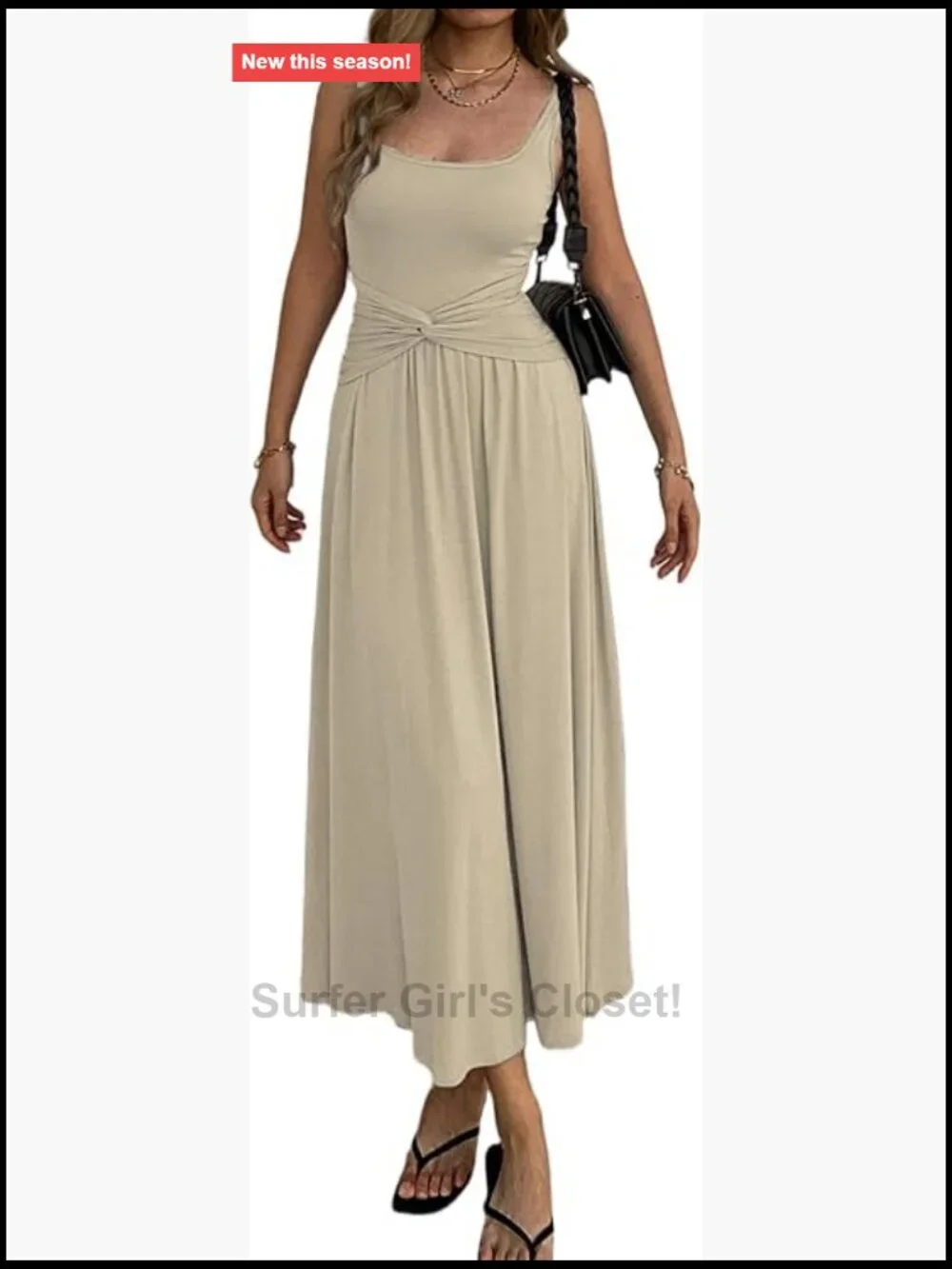 Women's Sleeveless Square Neck Maxi Dress with Twisted Knot Waist Ribbed Knit